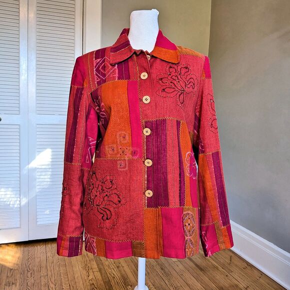 Vintage 90s Art To Wear Linen Jacket Orange Beaded Cottage Fairy Grunge Size 6P - Picture 1 of 8